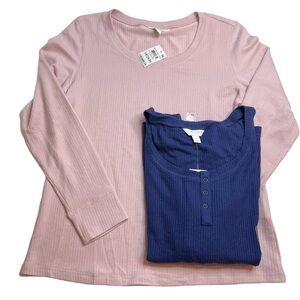 Charter Club Intimates Long Sleeve Pajama Top Bundle Chalky Rose Pink & Navy M